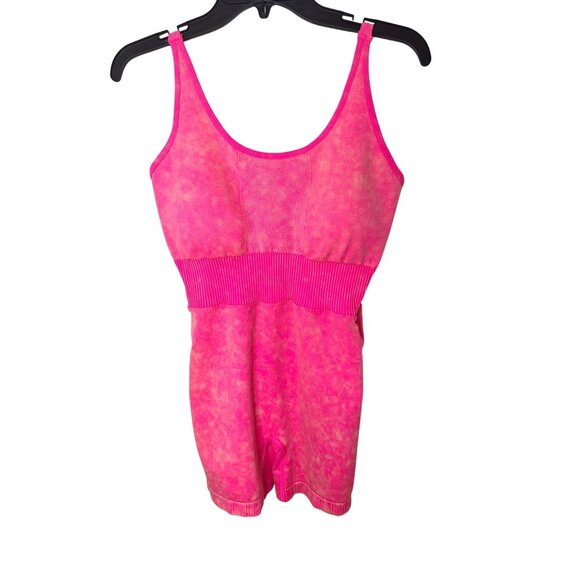 Neon Pink Tie-Dye Workout Romper Ribbed Waist & Strappy Back ASO Barbie - Picture 5 of 6